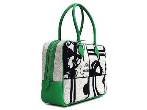 Hermes Plum 32 Brides Hand Bag Purse Green Women Luxury Toile Leather Auth Rare